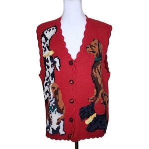 Vintage 80s Eagles Eye Dog Sweater Vest Womens L Red Dalmatian Scotty Setter Bas
